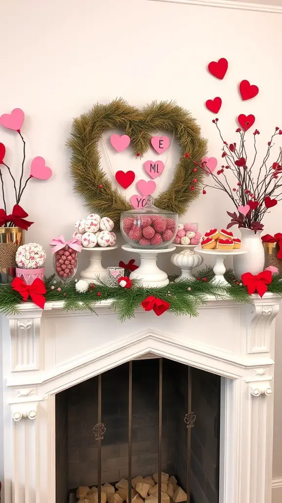 A Valentine's Day mantle decor featuring a heart-shaped wreath, colorful candies, and heart-themed decorations.