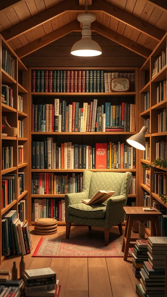 29+ Creative She Shed Ideas for Small Spaces 14 Cozy personal library in a shed with bookshelves, a comfortable chair, and warm lighting.