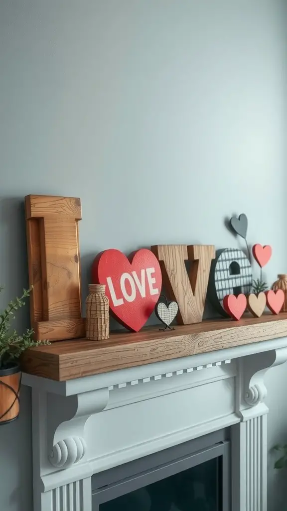 Rustic wooden accents spelling 'LOVE' on a mantle with hearts and greenery