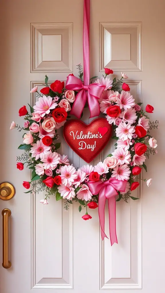 A heart-shaped Valentine's Day wreath with pink and red flowers, featuring a red heart that says 'Valentine's Day!' and a pink ribbon.