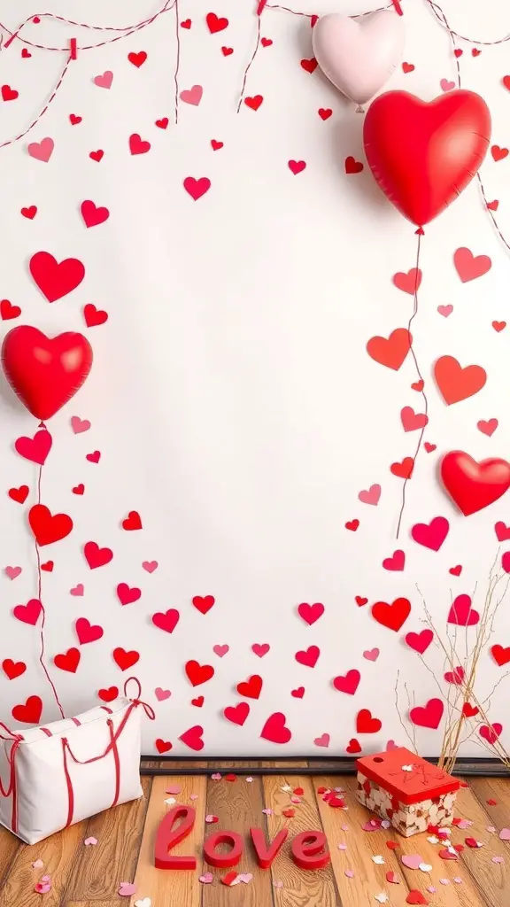 A photo booth backdrop decorated with red and pink hearts, balloons, and the word 'Love'.