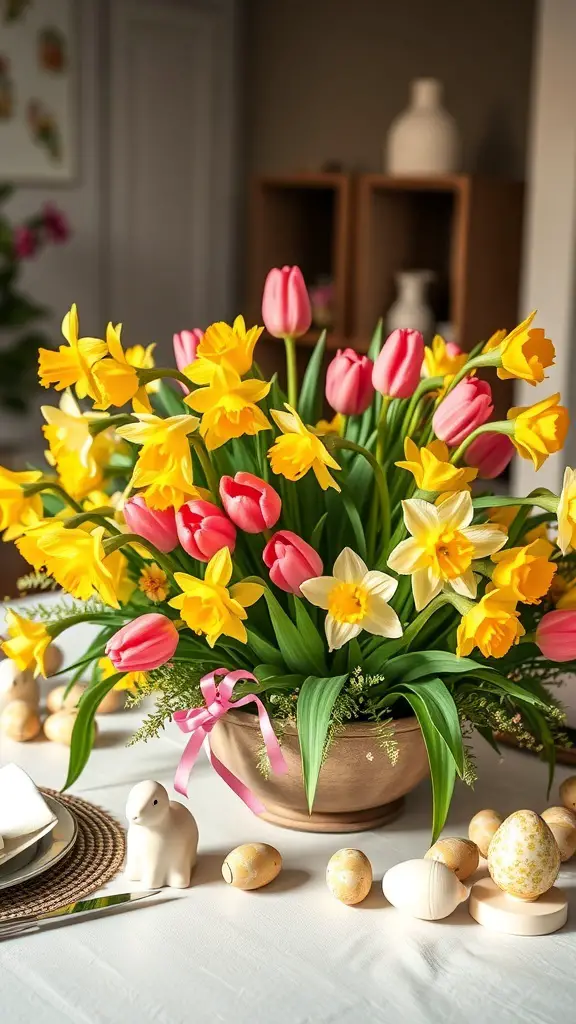 A vibrant floral centerpiece featuring pink tulips and yellow daffodils in a decorative bowl, surrounded by Easter-themed decorations.