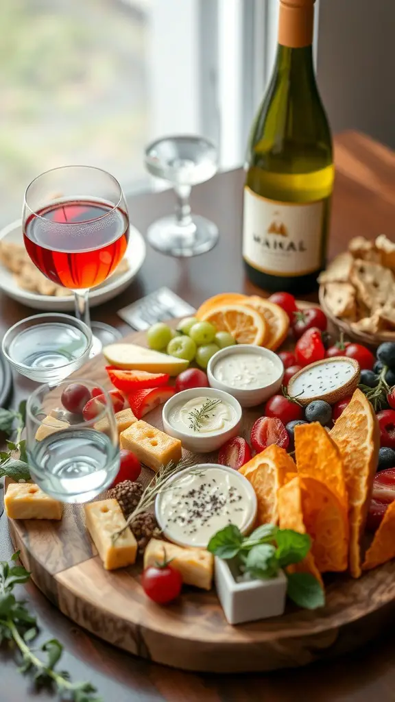 A beautifully arranged Easter grazing board with various cheeses, fruits, and beverages.