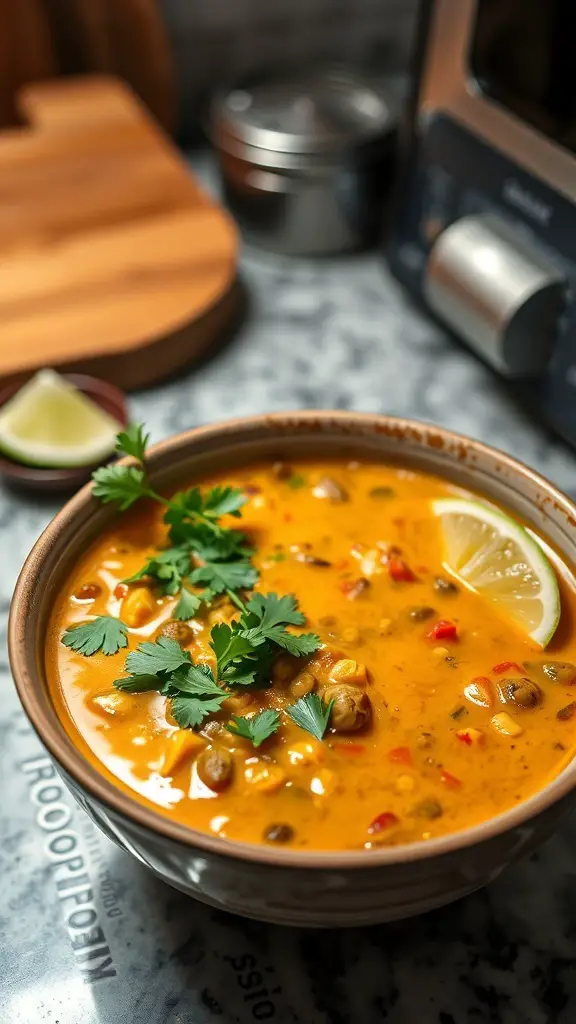 A bowl of Coconut Curry Lentil Soup garnished with cilantro and lime.