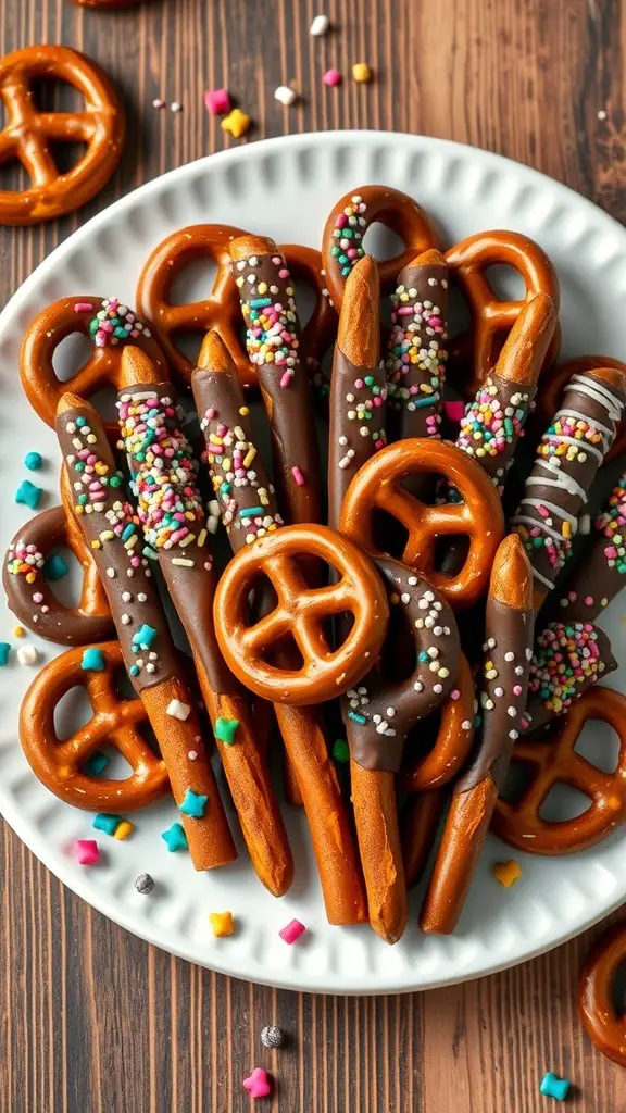 A plate of chocolate-covered pretzels decorated with colorful sprinkles.