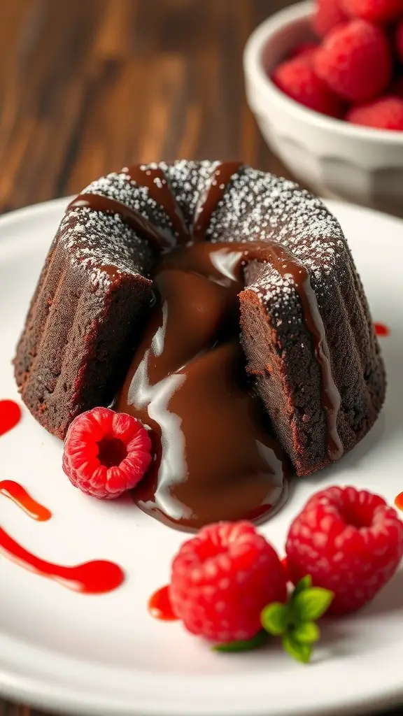 29+ Irresistible Valentine Dessert Ideas You Need to Try 7 A chocolate lava cake with a molten center, garnished with fresh raspberries and raspberry sauce.