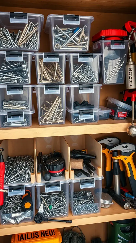 29+ Clever Tool Shed Organization Ideas You Need to Try 8 Organized tool shed with clear bins containing various small items like screws and nails.