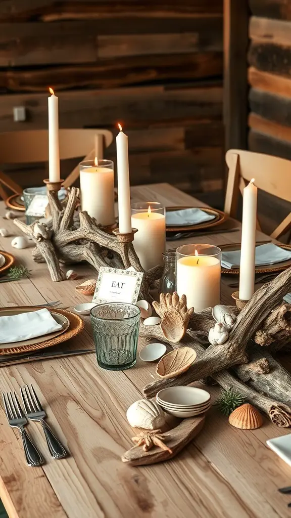 A rustic table setting featuring driftwood accents, candles, and seashells.