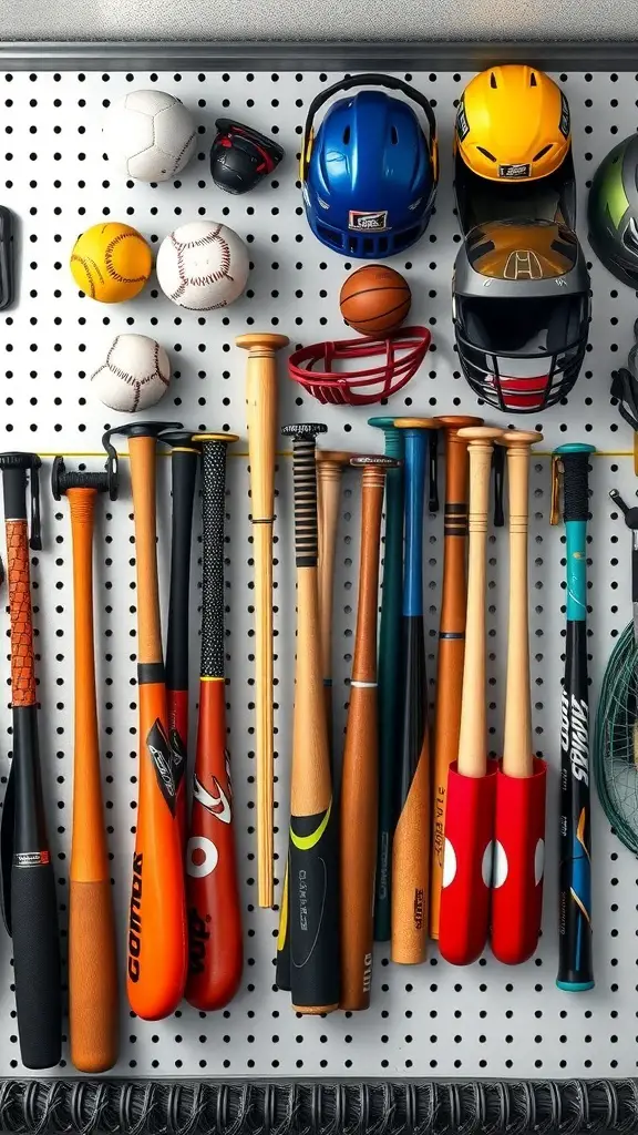 Pegboard displaying various sports equipment including bats, balls, and helmets.