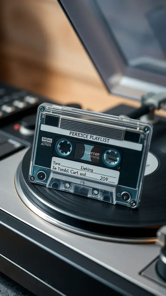 A cassette tape labeled 'Personal Playlist' resting on a turntable.