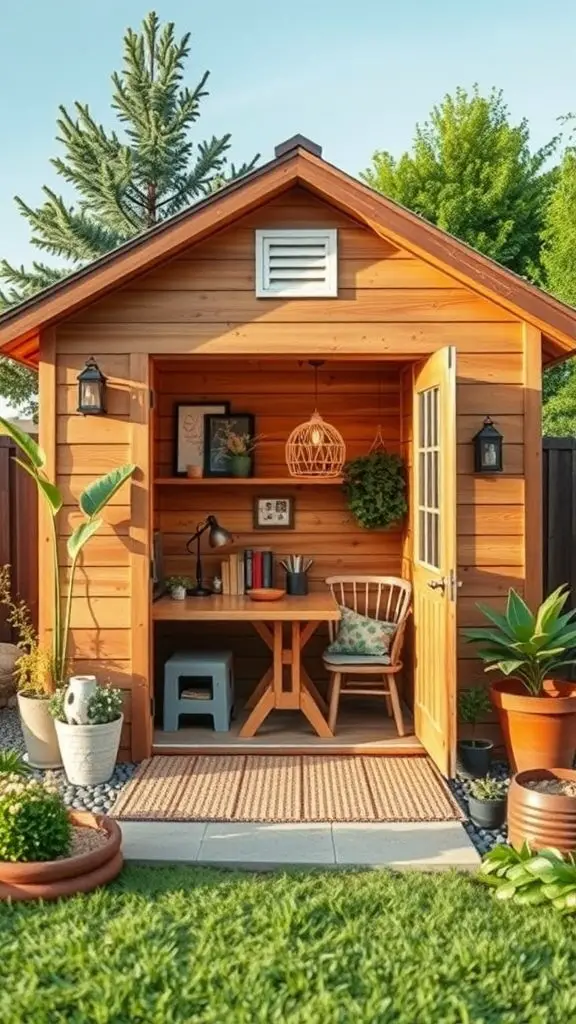 27+ Inspiring Tiny Shed House Ideas 11 A cozy tiny shed with wooden exterior, desk, and plants
