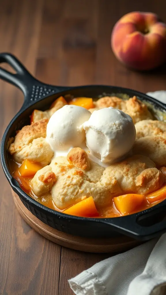 A warm peach cobbler with biscuit topping served in a skillet, topped with two scoops of vanilla ice cream.