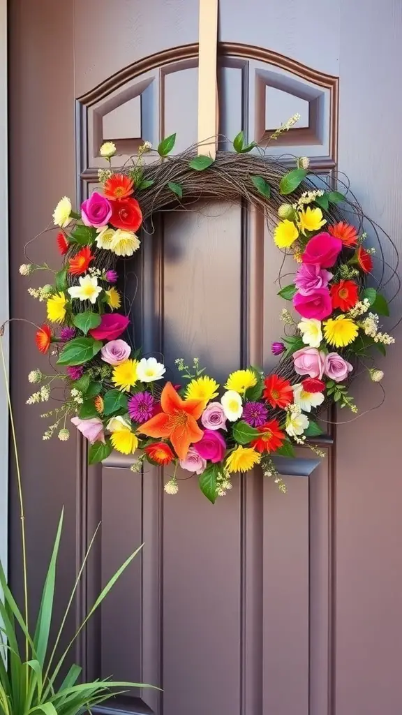 A colorful spring wreath with various flowers hanging on a door.