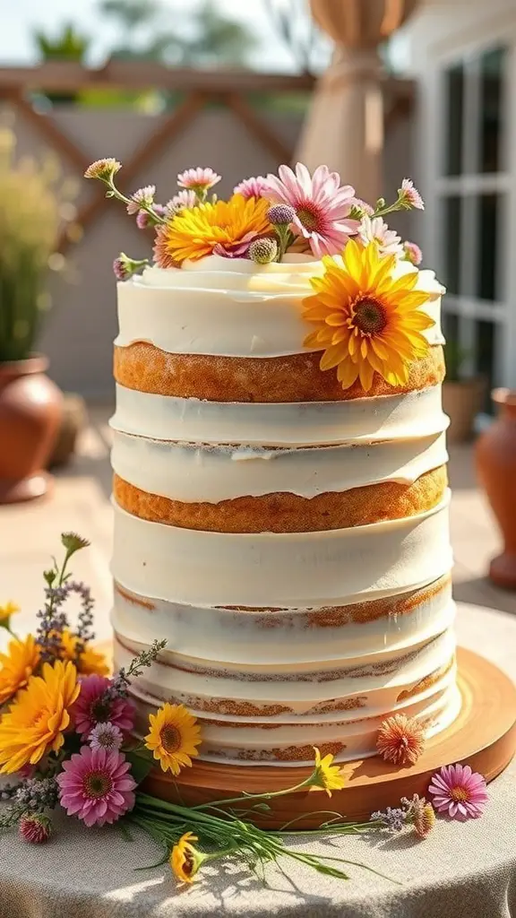 A beautiful wildflower layer cake with cream cheese frosting, decorated with colorful flowers.