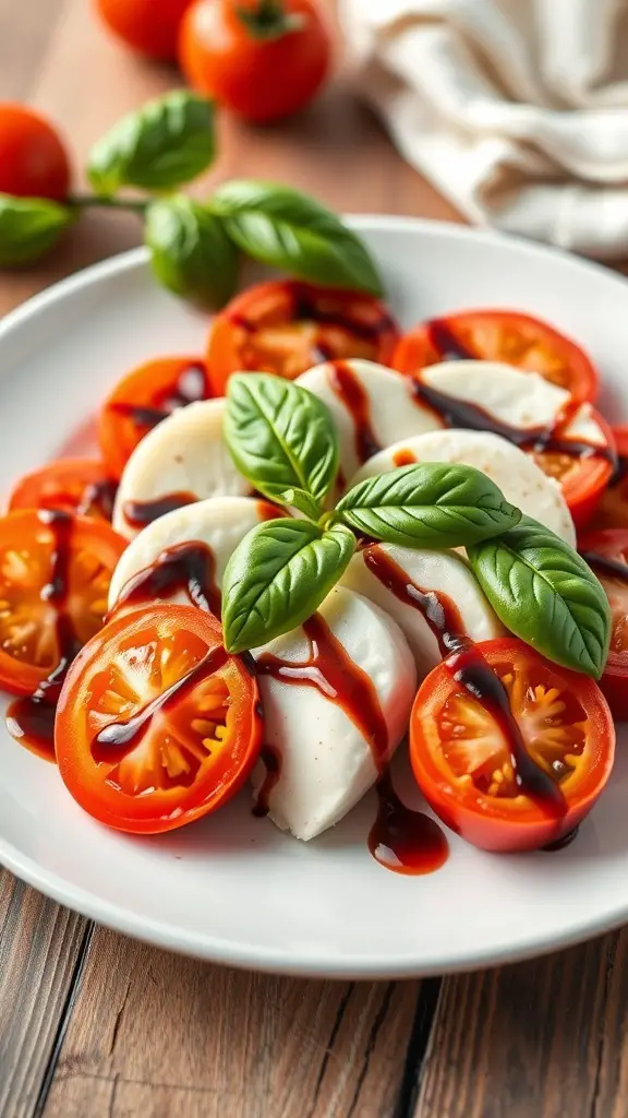 A plate of Caprese salad with fresh tomatoes, mozzarella, basil, and balsamic glaze.