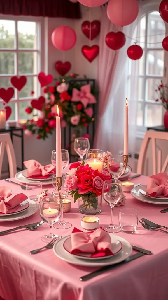 A beautifully set table for a Galentine's dinner with pink and red decorations, candles, and flowers.