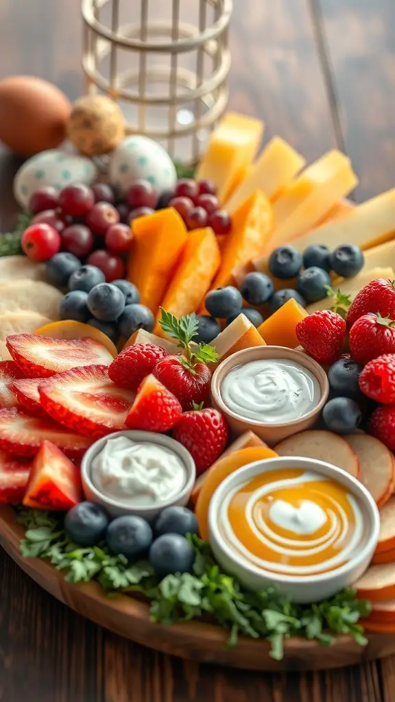 51+ Creative Easter Charcuterie Board Ideas 3 A colorful Easter charcuterie board featuring fresh fruits like strawberries, blueberries, grapes, and cantaloupe, along with creamy dips.