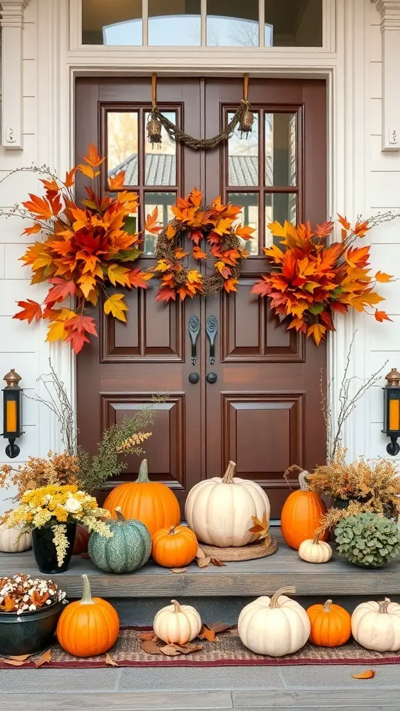 A beautifully decorated front entry with autumn leaves, pumpkins, and potted plants.