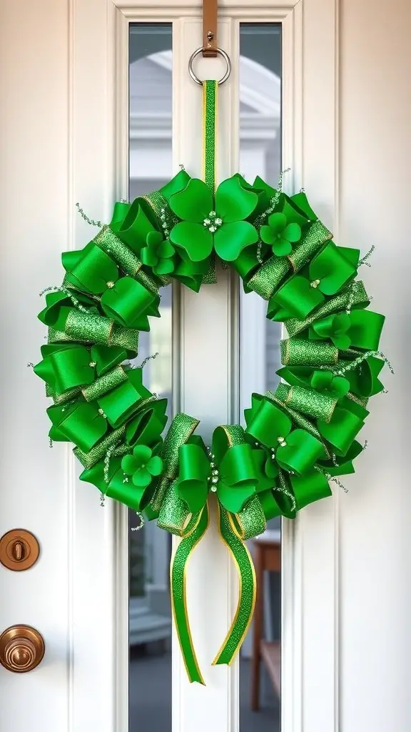 A vibrant green shamrock wreath decorated with ribbons and shamrock accents, hanging on a door.
