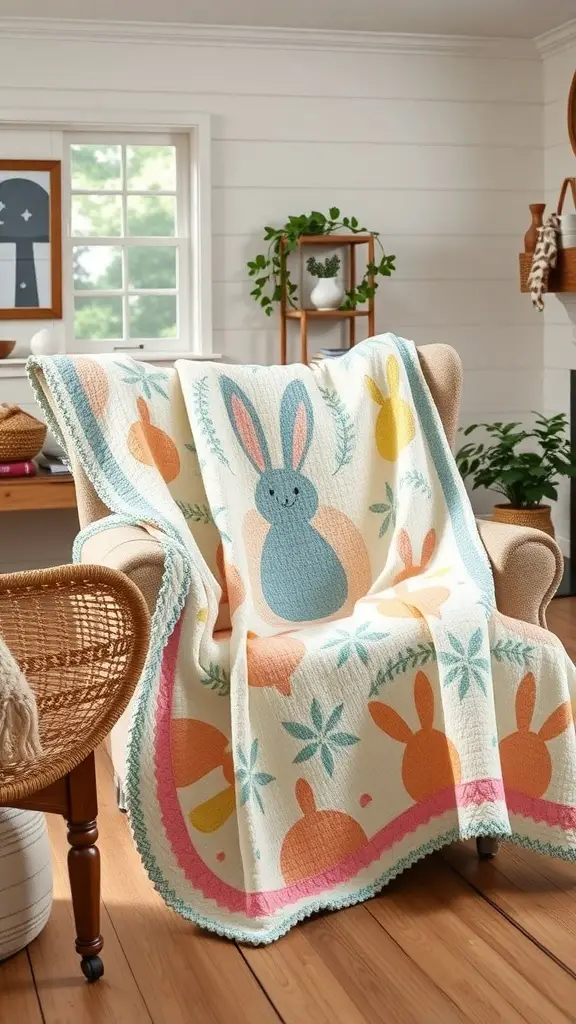 A cozy Easter-themed quilt featuring bunnies and eggs draped over a chair in a farmhouse setting.