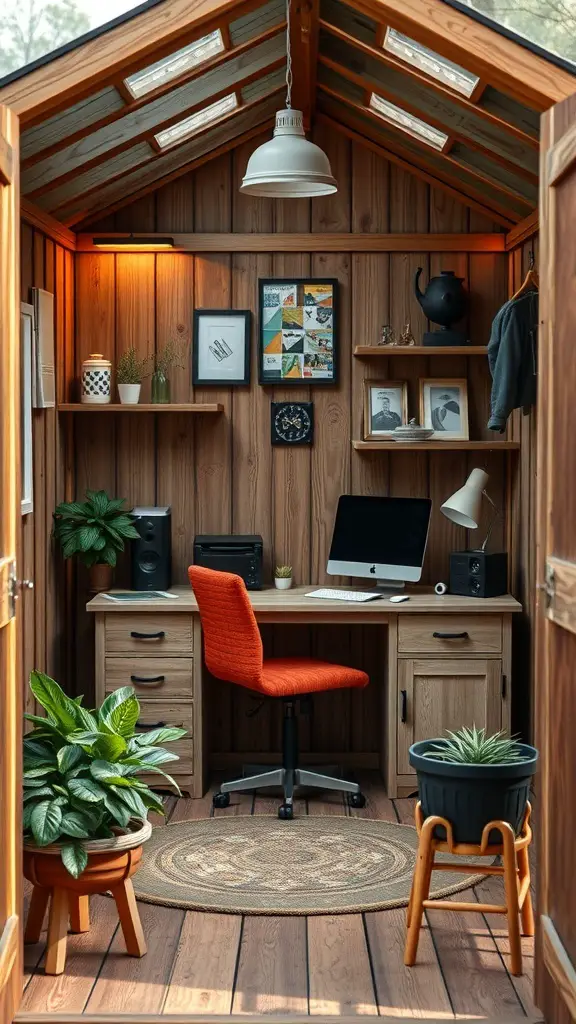 A cozy mini office space in a she shed with wooden walls, a desk, and plants.