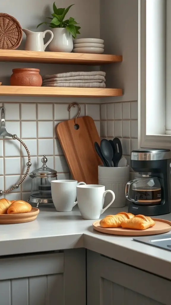 29+ Stunning Kitchen Countertop Decor Ideas 13 A cozy coffee station setup featuring a coffee maker, mugs, pastries, and decorative items.