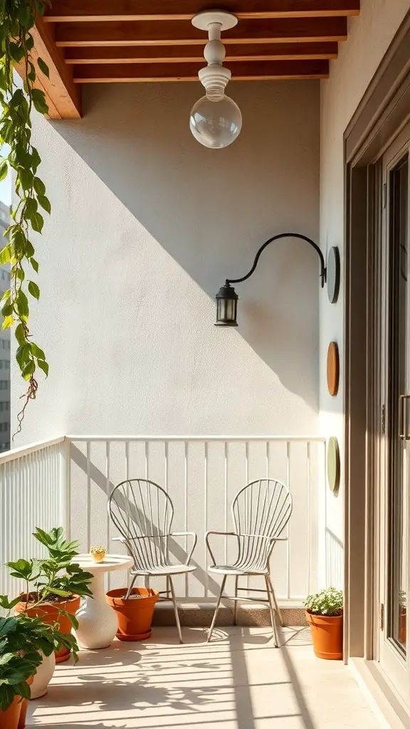 A cozy balcony with two chairs, plants, and a warm light fixture.