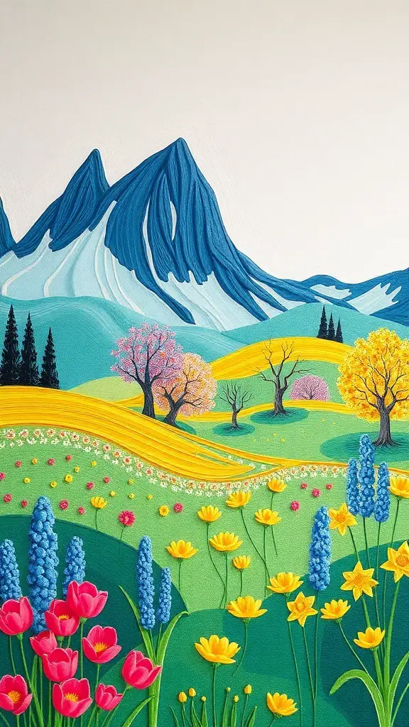 A vibrant spring landscape featuring colorful flowers, rolling hills, and mountains.