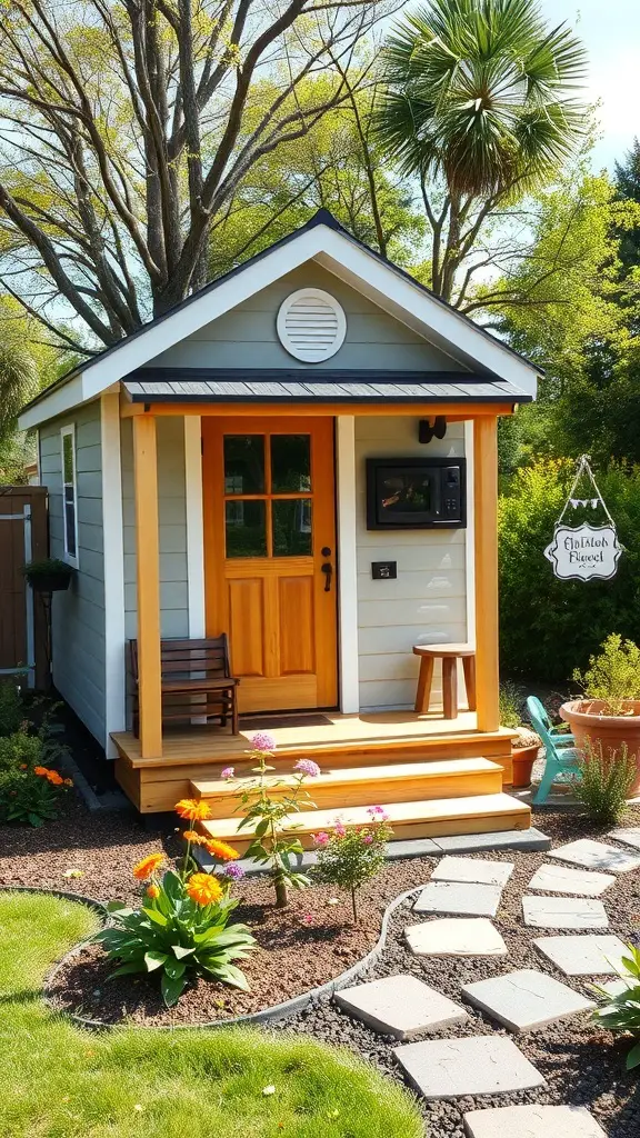 27+ Inspiring Tiny Shed House Ideas 4 A charming tiny shed house surrounded by flowers in a garden setting.