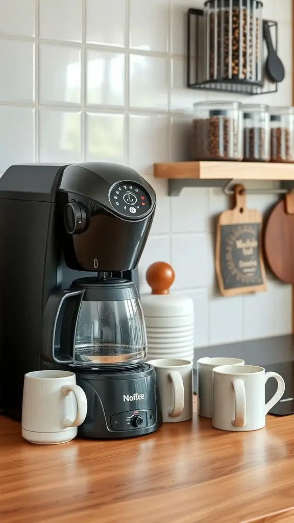 A coffee station with a coffee maker, mugs, and organized supplies on a wooden countertop.
