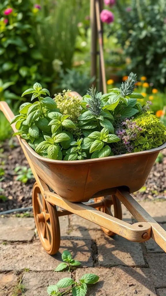29+ Creative Wheelbarrow Garden Ideas 3 A wheelbarrow filled with various herbs in a garden setting.
