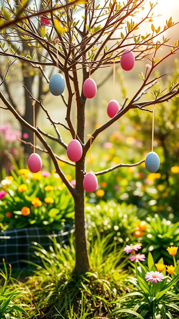 A small tree decorated with pastel-colored Easter eggs, surrounded by vibrant flowers.