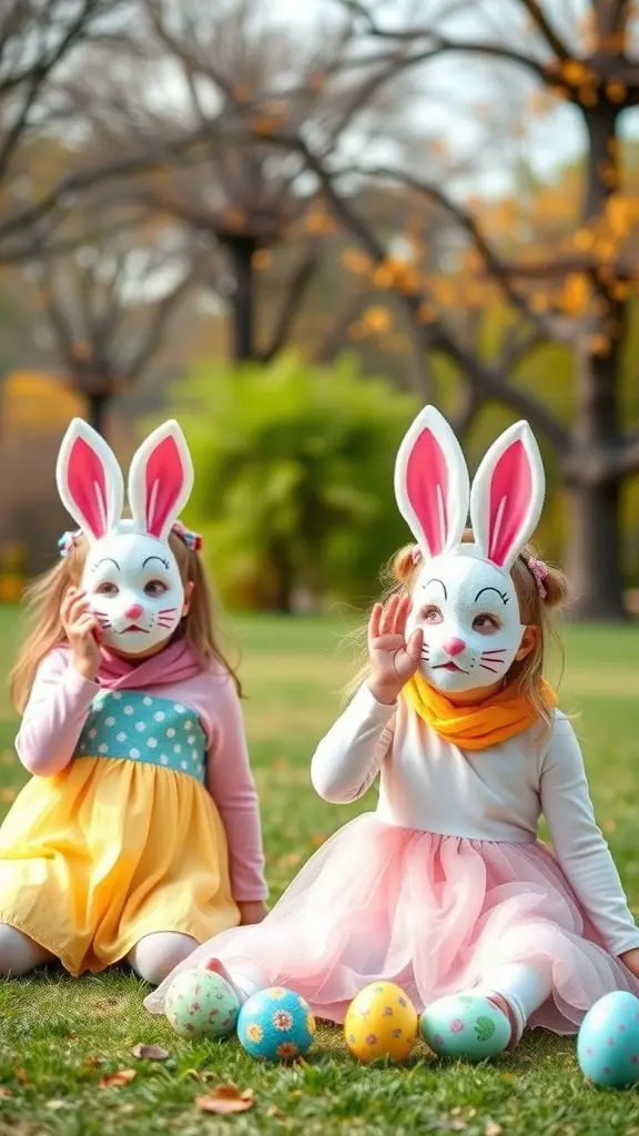 Two children wearing bunny masks in a park, surrounded by colorful Easter eggs.