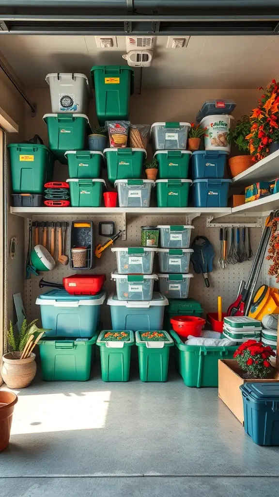 Organized garage with labeled plastic bins on shelves