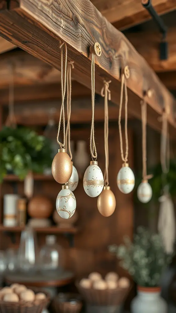 Hanging egg ornaments in a farmhouse setting