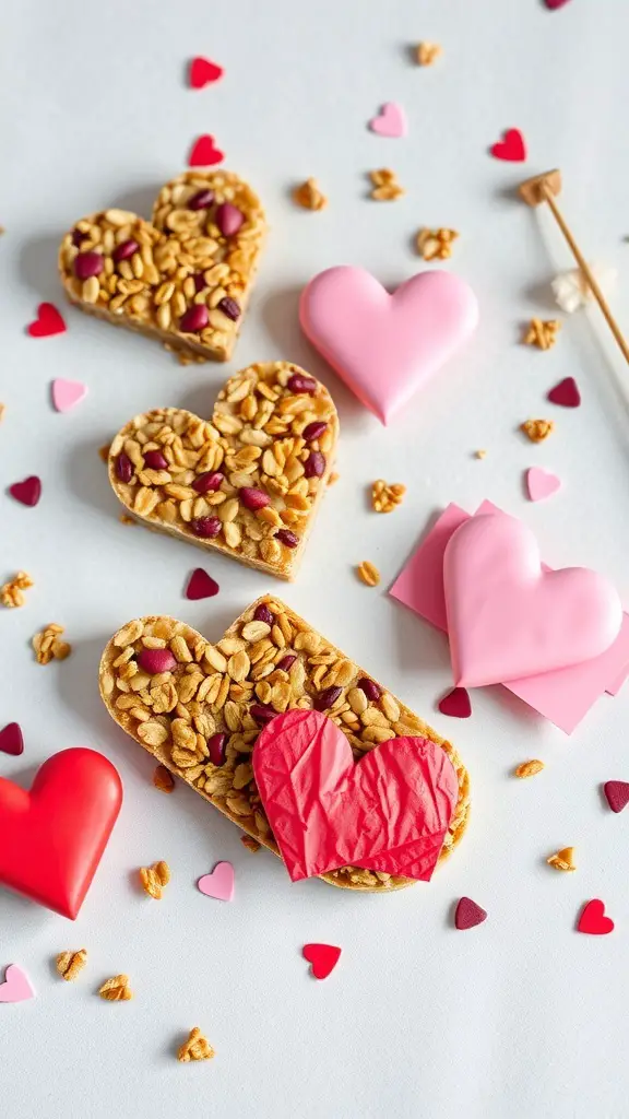 Heart-shaped granola bars surrounded by colorful heart decorations