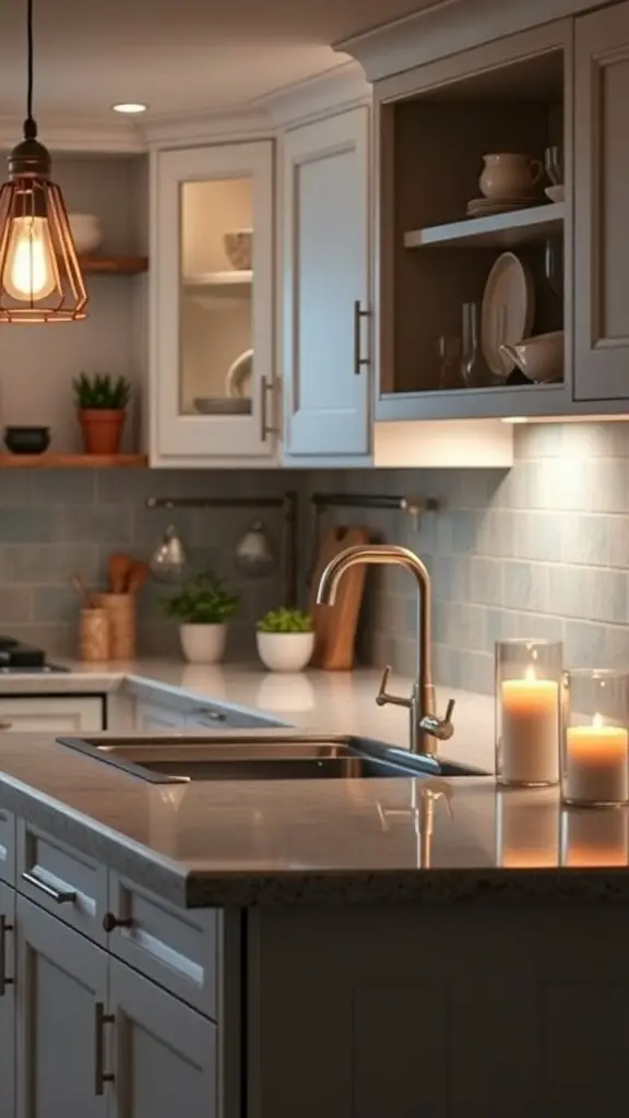 23+ Inspiring Kitchen Counter Styling Ideas to Elevate Your Space 13 Cozy kitchen counter with mood lighting, featuring a pendant light and candles.