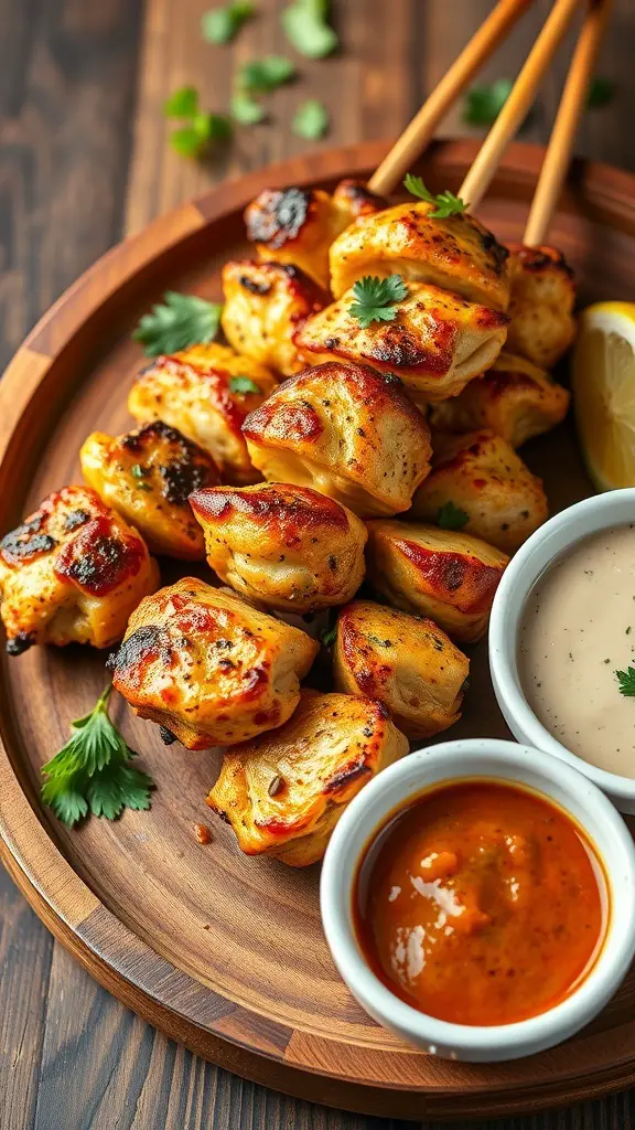 Grilled chicken skewers with herbs and sauces on a wooden plate