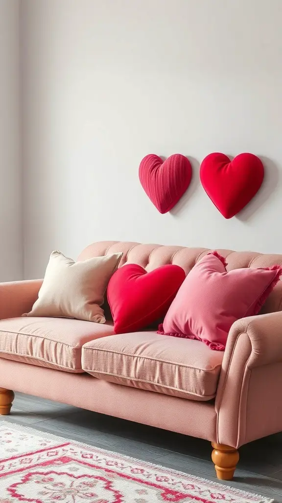 A pink sofa with heart-shaped throw pillows in red, creating a cozy living room decor.