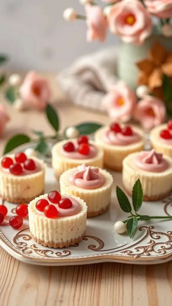 29+ Delightful Valentine's Day Treats to Share with Your Loved One 12 A plate of Valentine's Day cheesecake bites decorated with pink frosting and red candy.