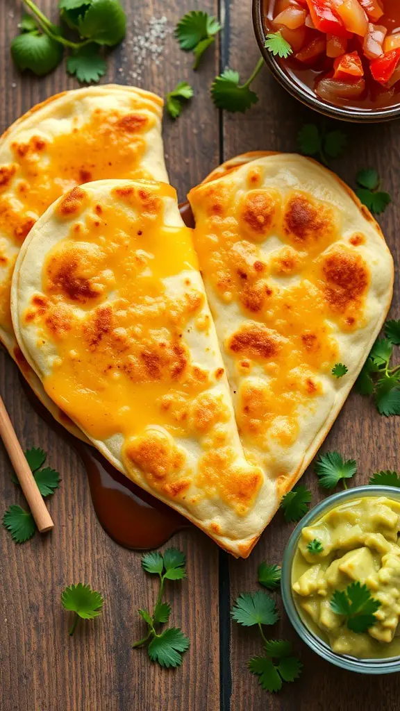 Heart-shaped cheesy quesadillas with salsa and guacamole