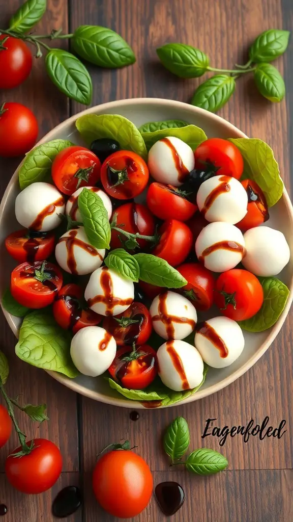 A bowl of Cupid's Caprese Salad featuring cherry tomatoes, mozzarella balls, and fresh basil.