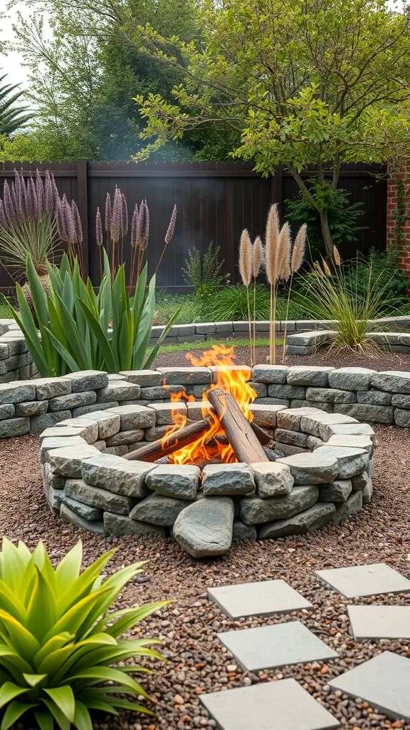 Eco-friendly fire pit made of natural stone surrounded by plants