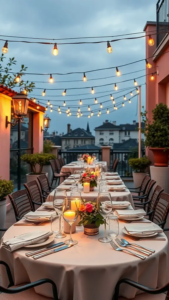 Stylish outdoor dining area with a long table set for dinner, illuminated by string lights.