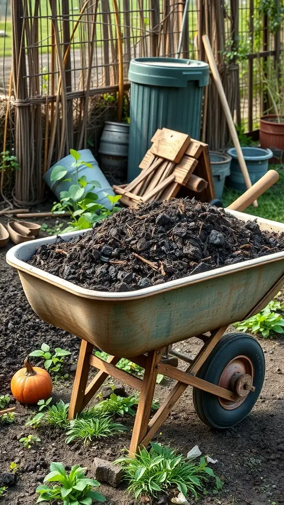 29+ Creative Wheelbarrow Garden Ideas 12 A wheelbarrow filled with compost in a garden setting.
