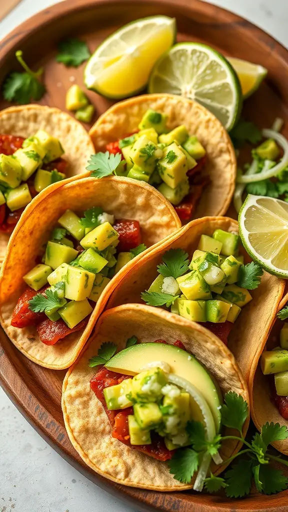 A plate of miniature tacos topped with avocado salsa, garnished with lime slices and cilantro.