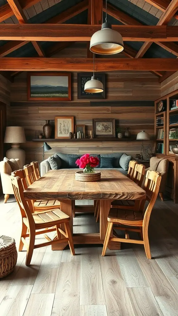 A rustic dining area featuring a handcrafted wooden table and chairs, with soft lighting and cozy decor.