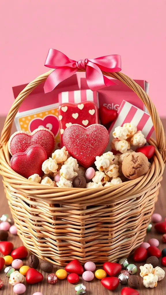 A Valentine's basket filled with heart-shaped cookies, popcorn, and colorful candies.