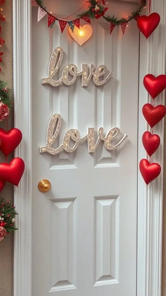 A door decorated with glittery 'love' signs, red hearts, and a festive garland for Valentine's Day.