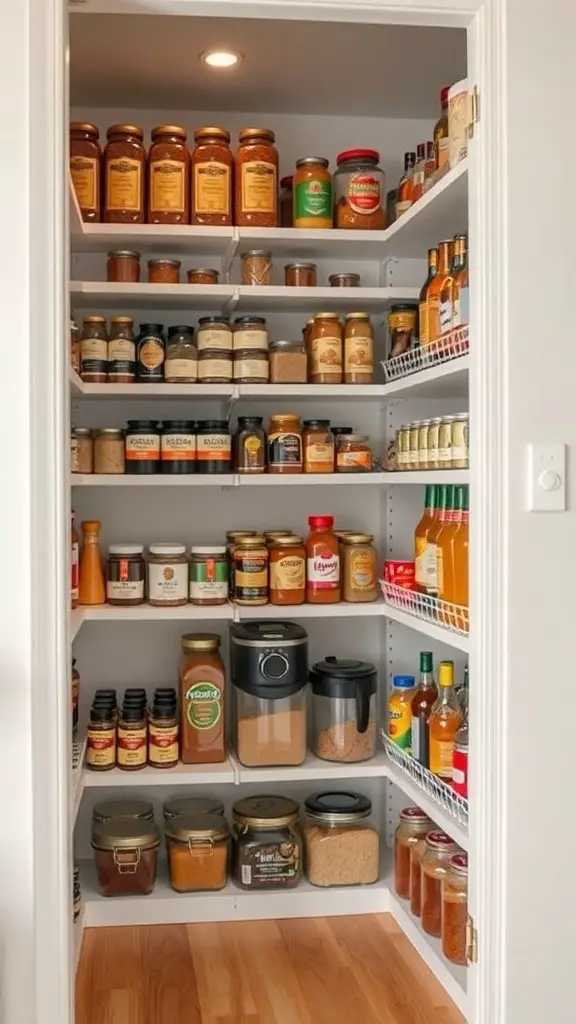 27+ Creative Corner Kitchen Pantry Ideas to Maximize Your Space 3 A well-organized corner kitchen pantry with shelves filled with jars, spices, and condiments.